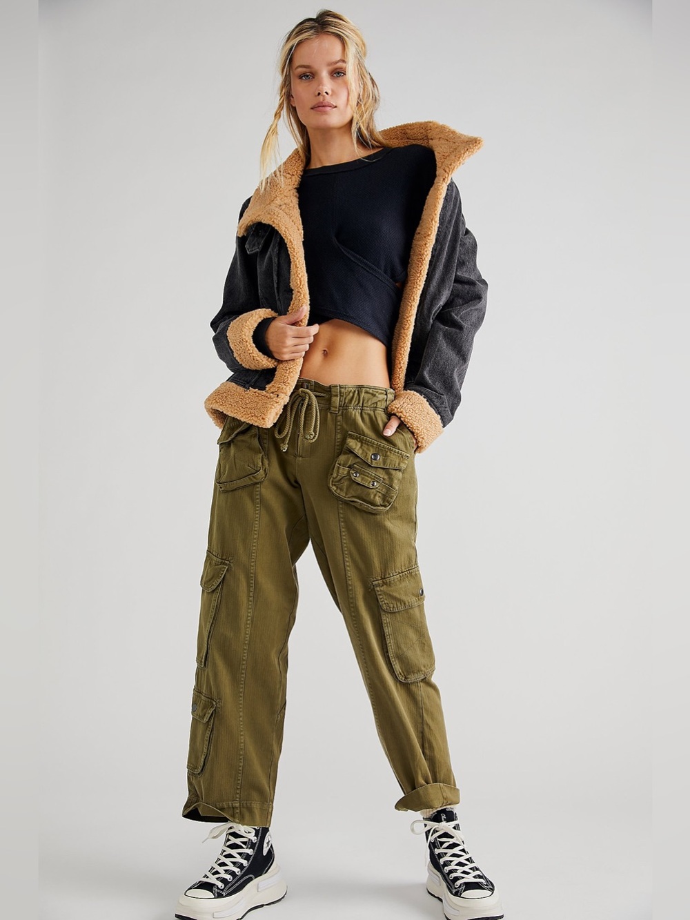 Free People We The Free Tahiti Pull-On Cargo Pants in Dried Herb green